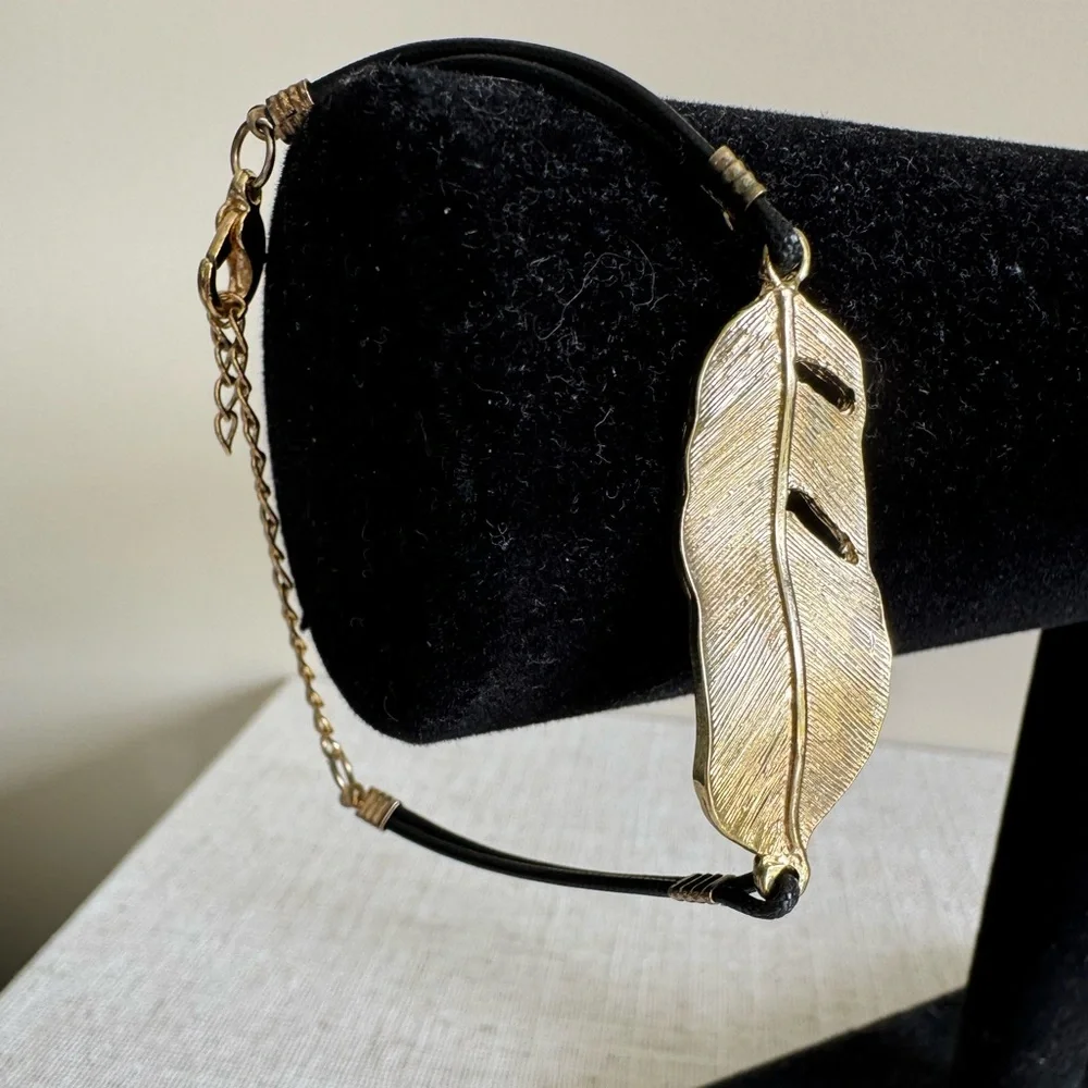 Gold Charm Bracelet Gold Feather Leaf Pendant Black Cord Metal…